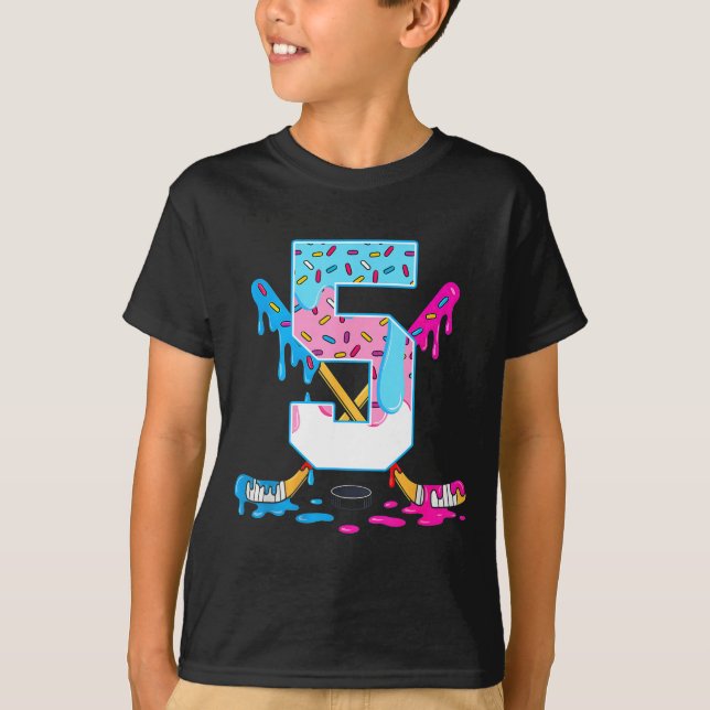 Hockey 5 Years Old Ice Cream Drip 5th Birthday Kid T-Shirt (Front)