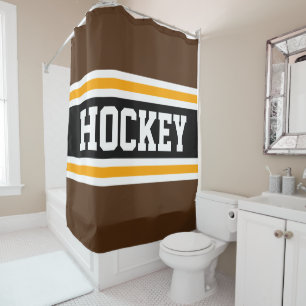 HOCKEY 70s Athletic Brown Black Orange Stripes Shower Curtain