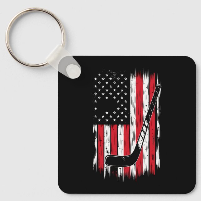 Hockey American Flag Sports Retro Vintage Keychain (Front)