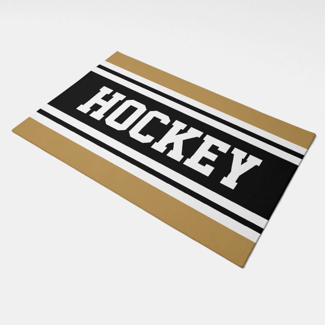 HOCKEY Athletic Black White Tan Racing Stripes Doormat (Angled)