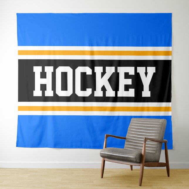 HOCKEY Athletic Bright Blue Black Orange Stripes Tapestry (In Situ (Horizontal))