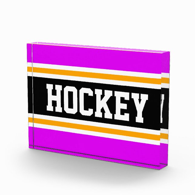 HOCKEY Athletic Bright Pink Black Orange Stripes Photo Block (Right)