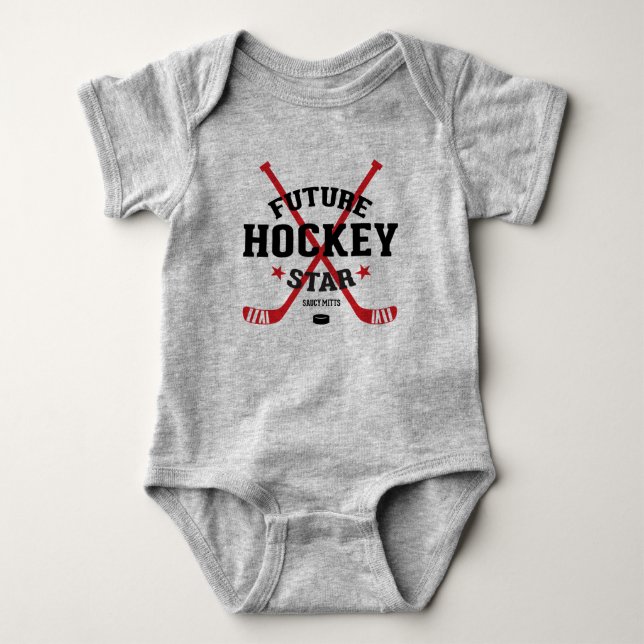 Hockey Baby Bodysuit Future Hockey Star Red Sticks (Front)