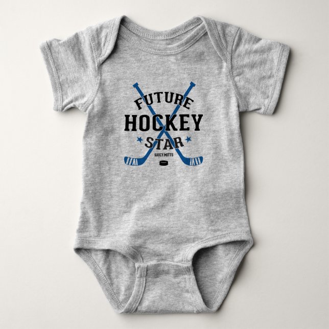 Hockey Baby Future Hockey Star Blue Sticks Puck Bodysuit (Front)