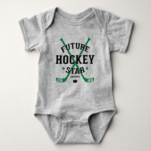 Hockey Baby Future Hockey Star Green Sticks Puck Baby Bodysuit