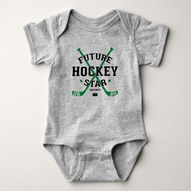 Hockey Baby Future Hockey Star Green Sticks Puck Baby Bodysuit (Front)