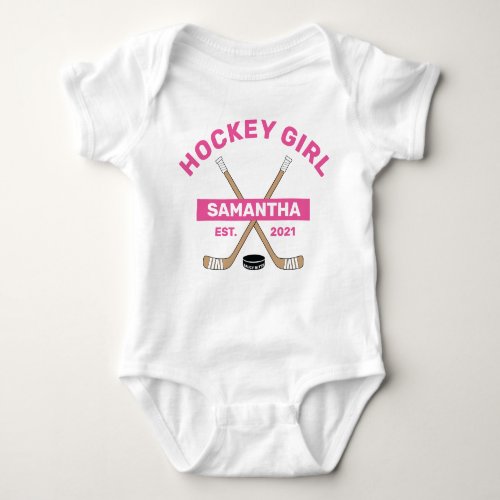 Hockey Baby Girl Pink Name Year Born Baby Bodysuit