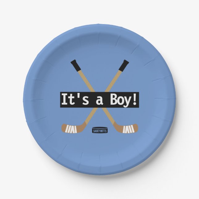 Hockey Baby It's a Boy Blue Hockey Sticks Paper Plates (Front)