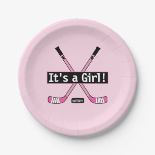 Hockey Baby It's a Girl Pink Hockey Sticks Paper Plates