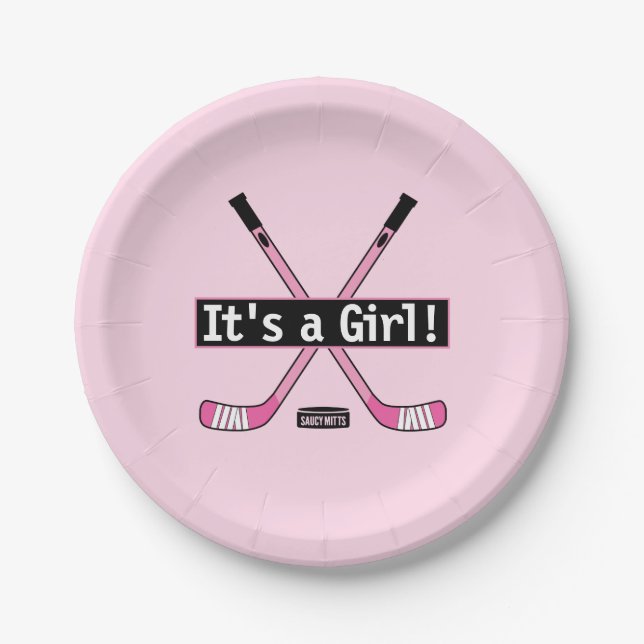 Hockey Baby It's a Girl Pink Hockey Sticks Paper Plates (Front)