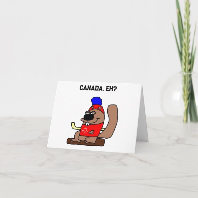 Hockey Beaver Cartoon in Red Maple Leaf Shirt Card (Front)