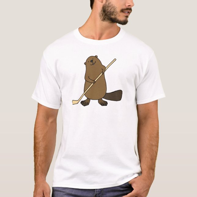 Hockey Beaver T-shirt Funny Cute Beaver Animal Tee (Front)