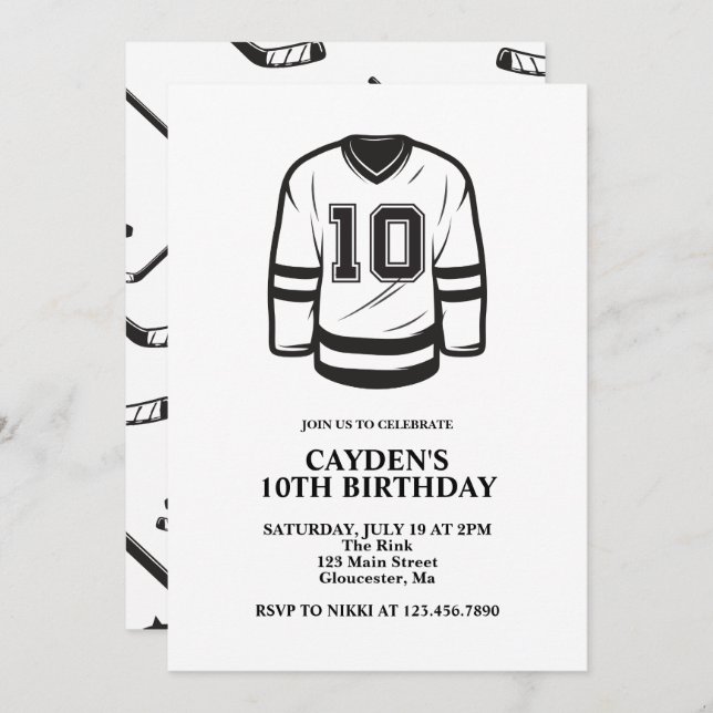 Hockey black and White 10th Birthday Invitation (Front/Back)
