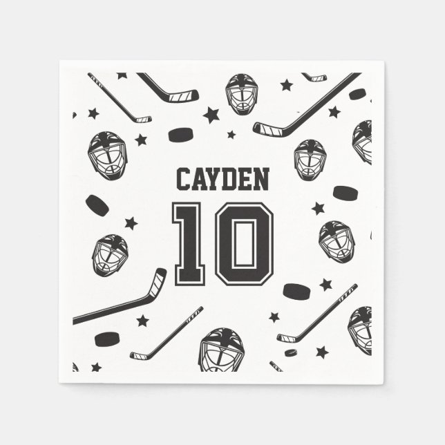 Hockey black and White 10th Birthday Napkins (Front)