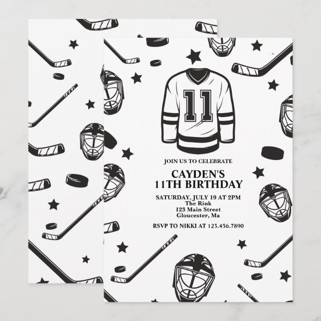 Hockey black and White 11th Birthday Invitation (Front/Back)