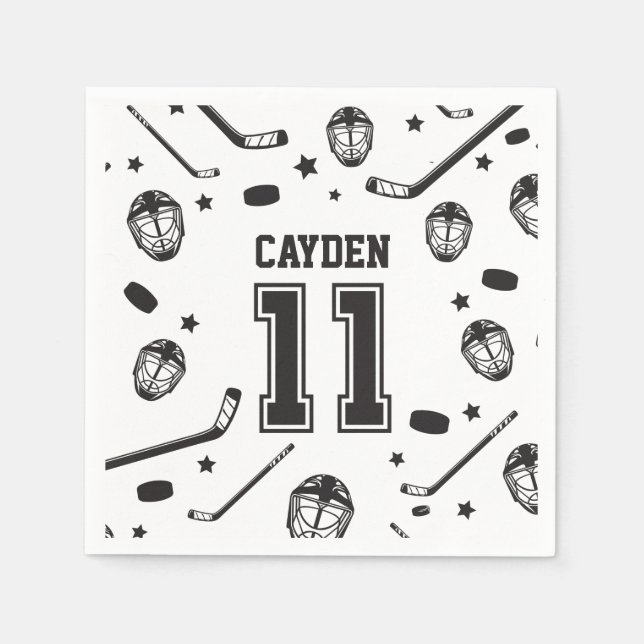 Hockey black and White 11th Birthday Napkins (Front)