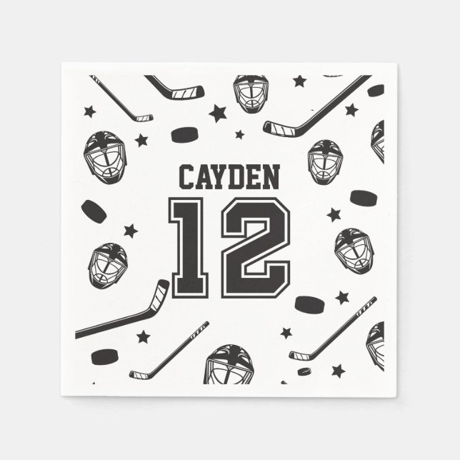 Hockey black and White 12th Birthday Napkins (Front)