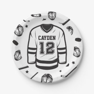 Hockey black and White 12th Birthday Paper Plates