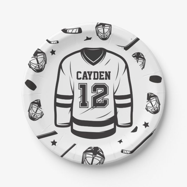 Hockey black and White 12th Birthday Paper Plates (Front)