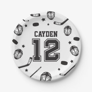 Hockey black and White 12th Birthday Paper Plates