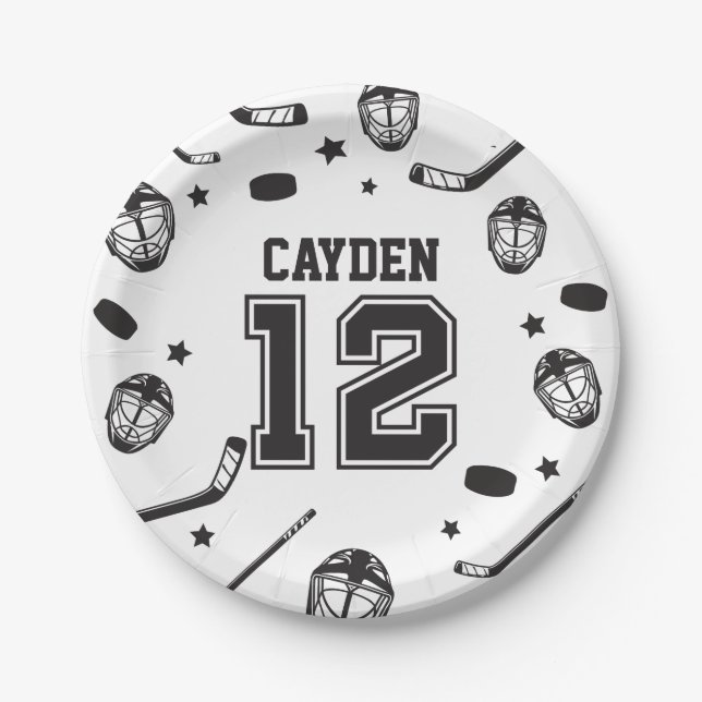 Hockey black and White 12th Birthday Paper Plates (Front)