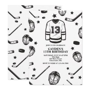 Hockey black and White 13th Birthday Invitation