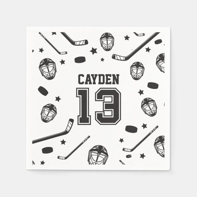 Hockey black and White 13th Birthday Napkins (Front)