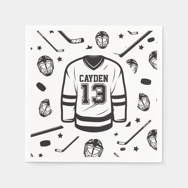 Hockey black and White 13th Birthday Napkins (Front)