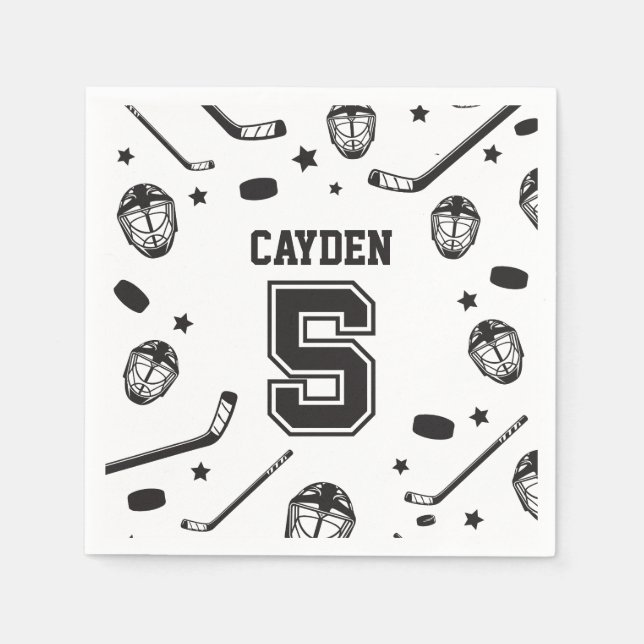 Hockey black and White 5th Birthday Napkins (Front)