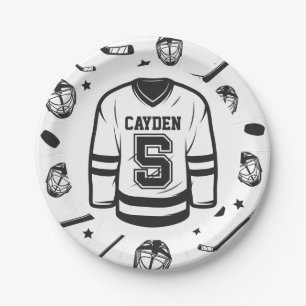 Hockey black and White 5th Birthday Paper Plates