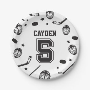 Hockey black and White 5th Birthday Paper Plates
