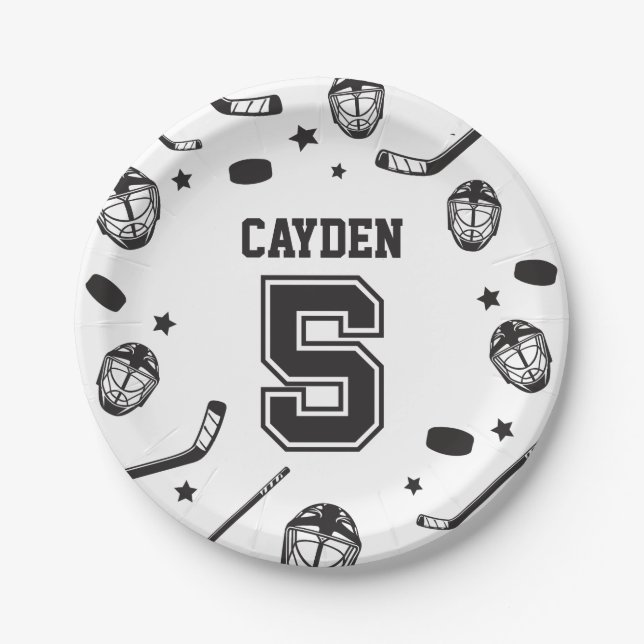 Hockey black and White 5th Birthday Paper Plates (Front)