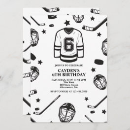 Hockey black and White 6th Birthday Invitation