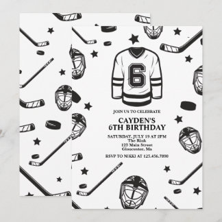 Hockey black and White 6th Birthday Invitation