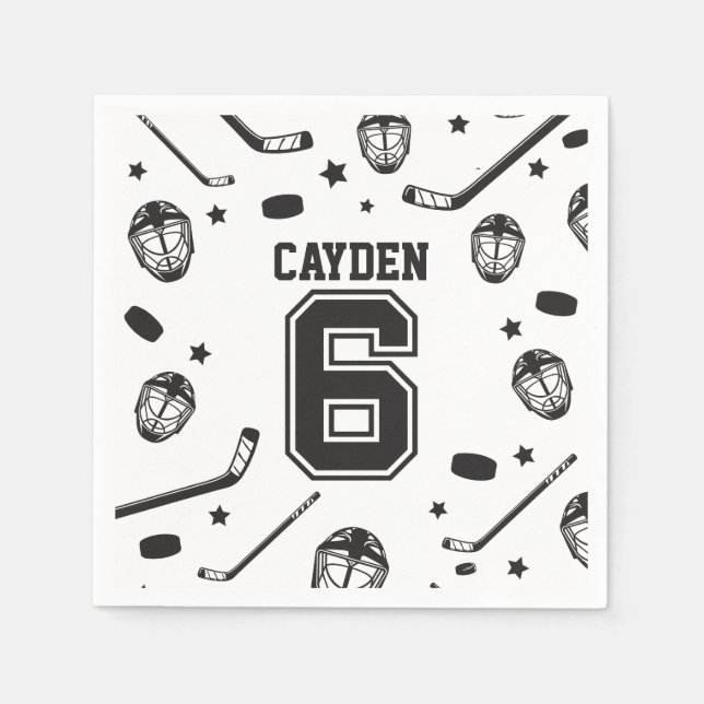 Hockey black and White 6th Birthday Napkins (Front)