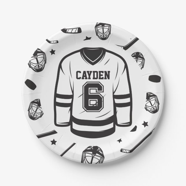 Hockey black and White 6th Birthday Paper Plates (Front)