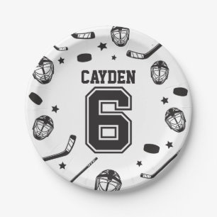 Hockey black and White 6th Birthday Paper Plates