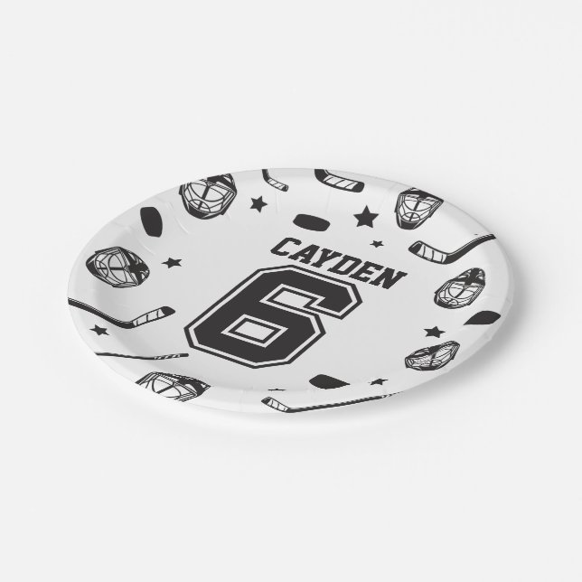 Hockey black and White 6th Birthday Paper Plates