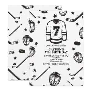 Hockey black and White 7th Birthday Invitation