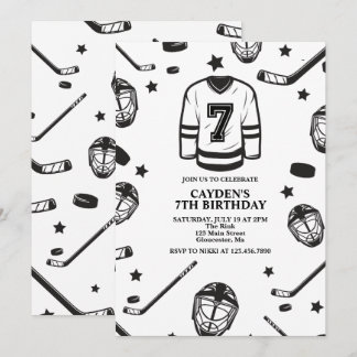 Hockey black and White 7th Birthday Invitation