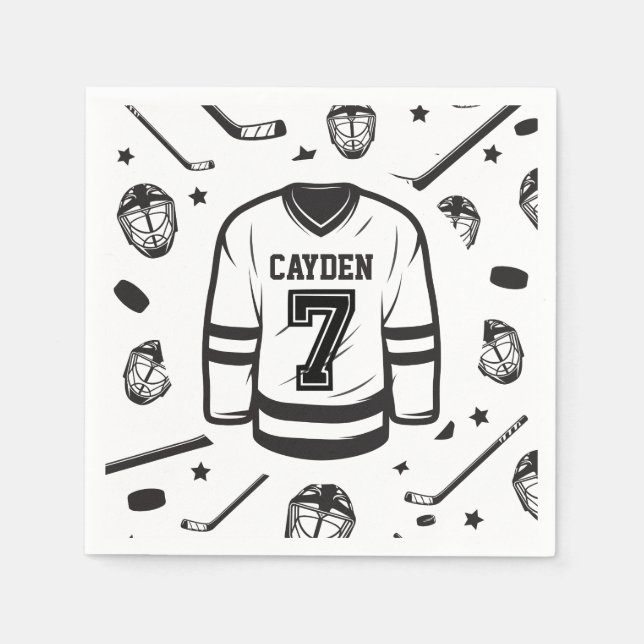Hockey black and White 7th Birthday Napkins (Front)