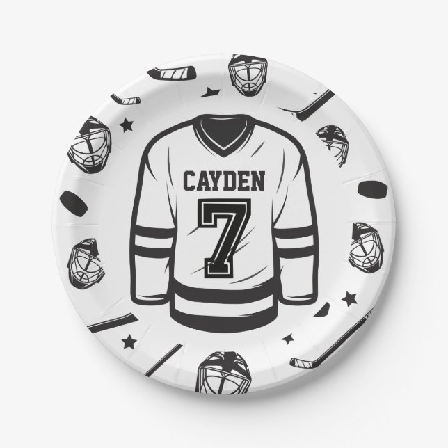 Hockey black and White 7th Birthday Paper Plates (Front)