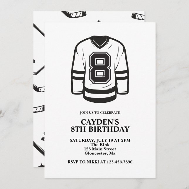 Hockey black and White 8th Birthday Invitation (Front/Back)