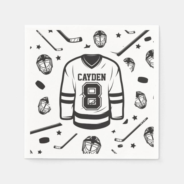 Hockey black and White 8th Birthday Napkins (Front)