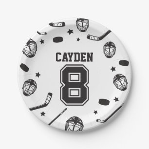 Hockey black and White 8th Birthday Paper Plates