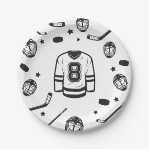 Hockey black and White 8th Birthday Paper Plates