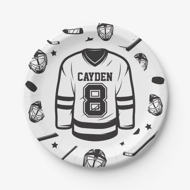 Hockey black and White 8th Birthday Paper Plates (Front)