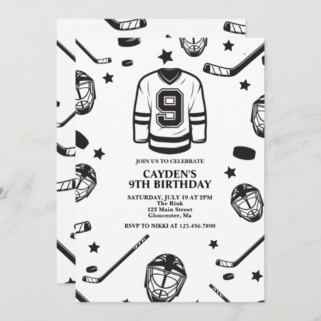 Hockey black and White 9th Birthday Invitation (Front/Back)