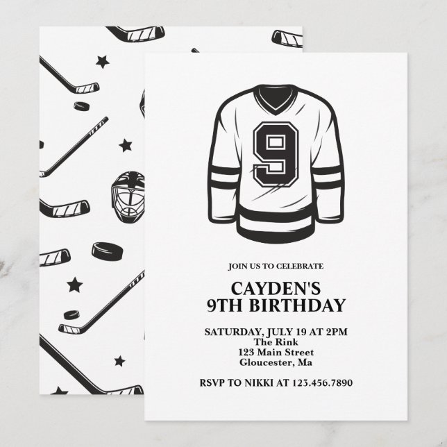 Hockey black and White 9th Birthday Invitation (Front/Back)