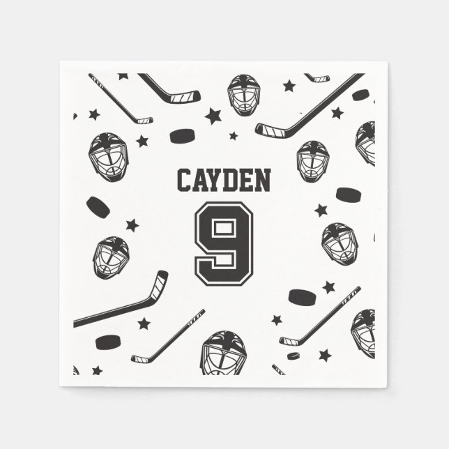 Hockey black and White 9th Birthday Napkins (Front)
